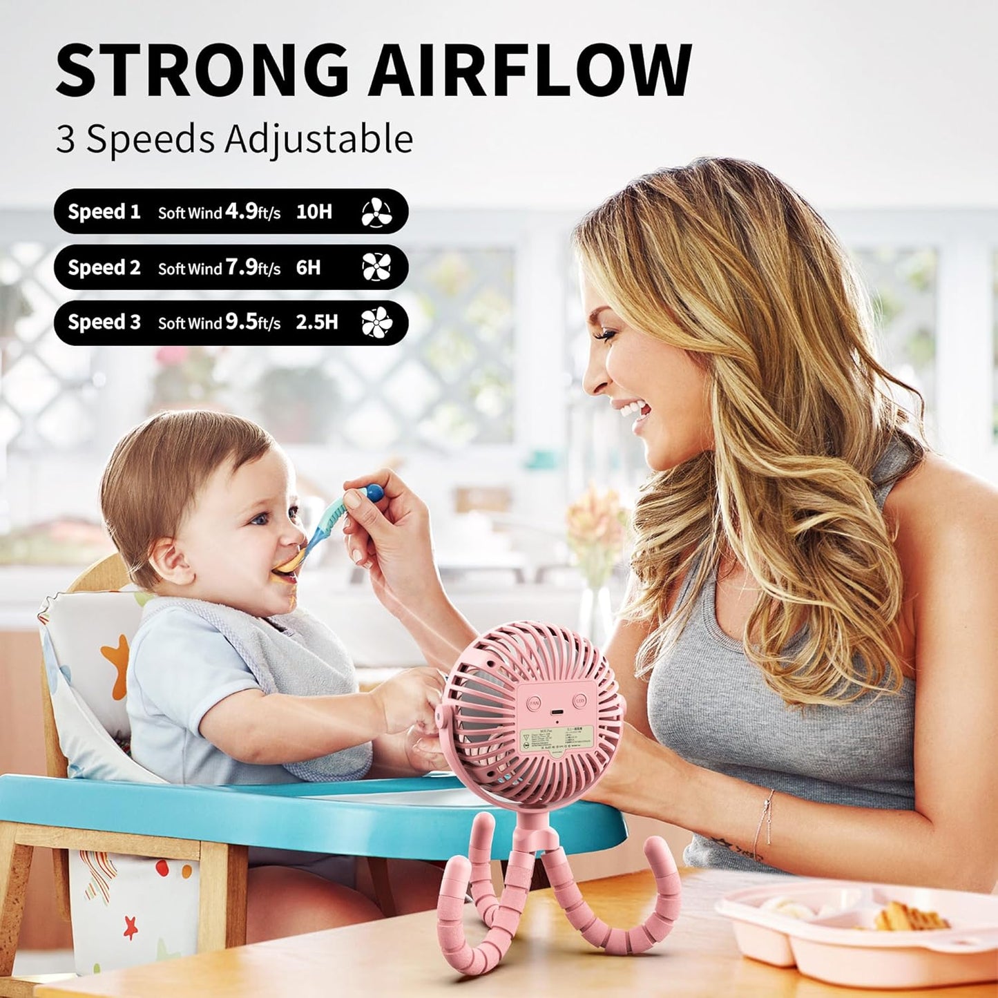 Battery Operated Stroller Fan Flexible Tripod Clip on Fan with 3 Speeds and Rotatable Handheld Personal Fans for Car Seat Crib Bike Treadmill (Pink)