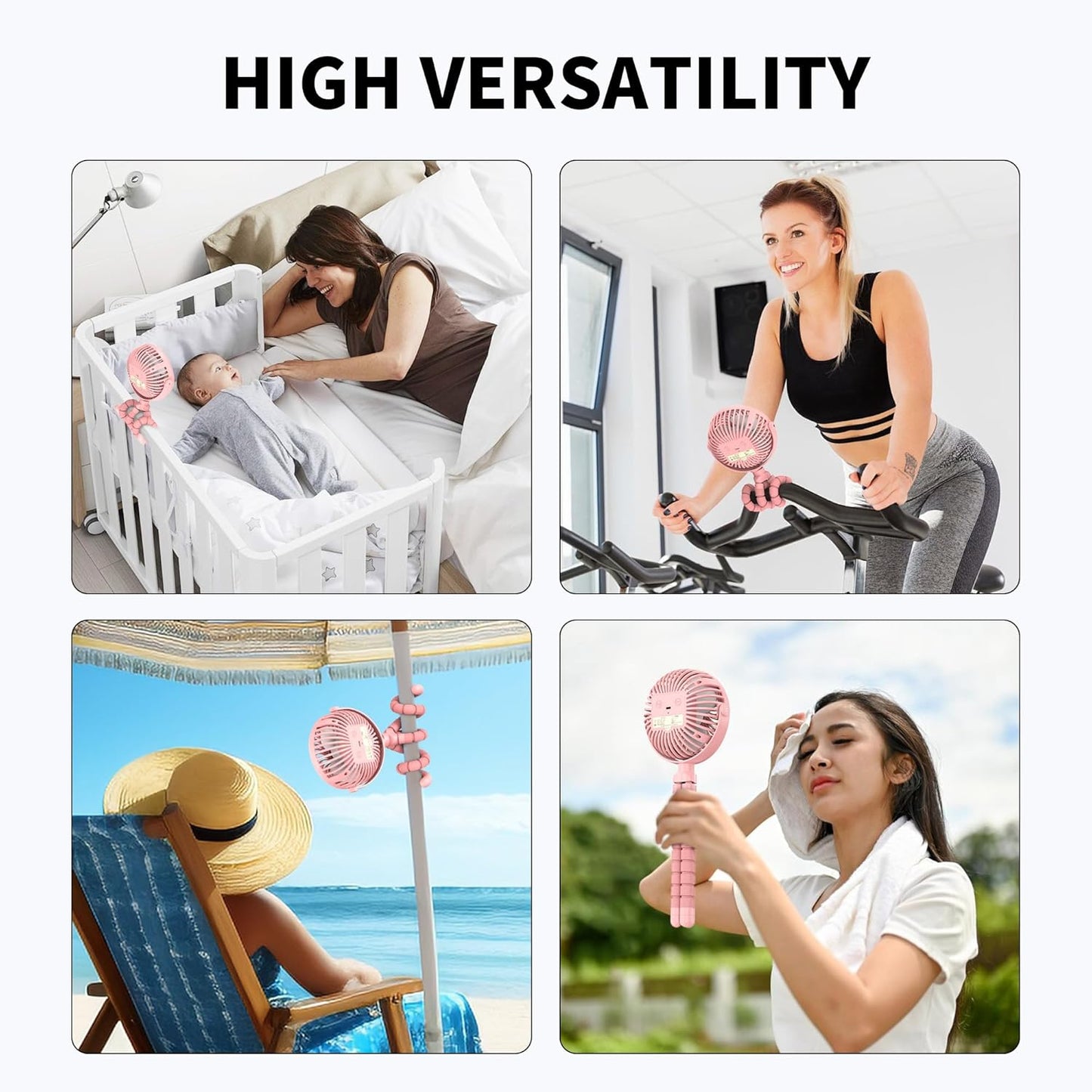 Battery Operated Stroller Fan Flexible Tripod Clip on Fan with 3 Speeds and Rotatable Handheld Personal Fans for Car Seat Crib Bike Treadmill (Pink)