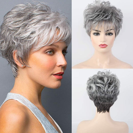 Short Curly Gray Wigs for Women Pixie Cut Wig Grey Easy-Care Human Hair Wigs for Women