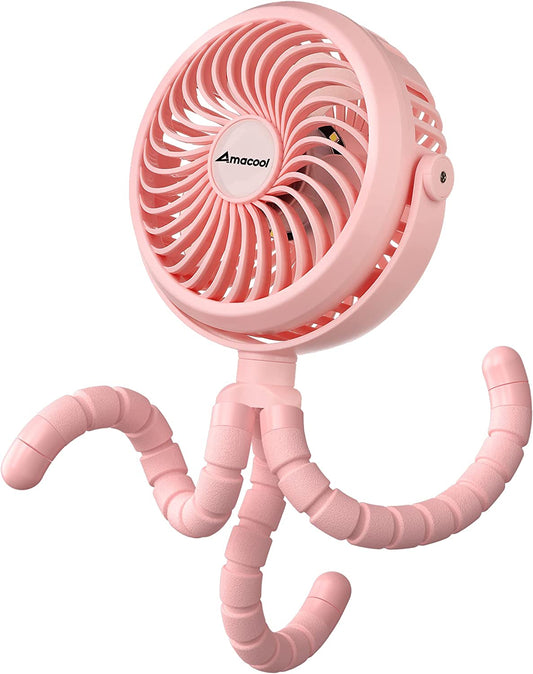 Battery Operated Stroller Fan Flexible Tripod Clip on Fan with 3 Speeds and Rotatable Handheld Personal Fans for Car Seat Crib Bike Treadmill (Pink)