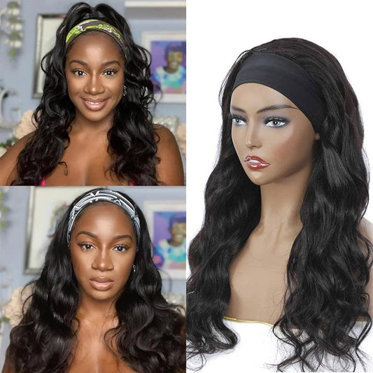 Headband Wig Human Hair Body Wave Headband Wigs for Black Women 12 Inch None Lace Front Wig Human Hair Wear and Go Glueless Wigs Machine Made Brazilian Virgin Human Hair Headband Wigs Natural Color