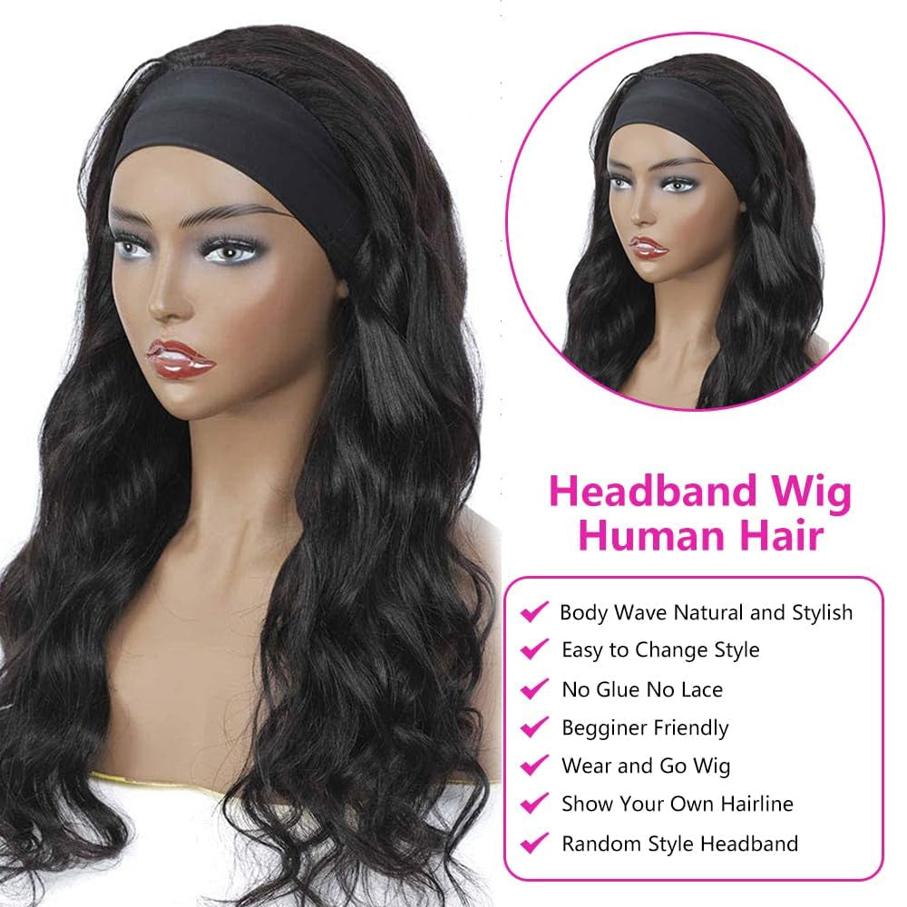 Headband Wig Human Hair Body Wave Headband Wigs for Black Women 12 Inch None Lace Front Wig Human Hair Wear and Go Glueless Wigs Machine Made Brazilian Virgin Human Hair Headband Wigs Natural Color