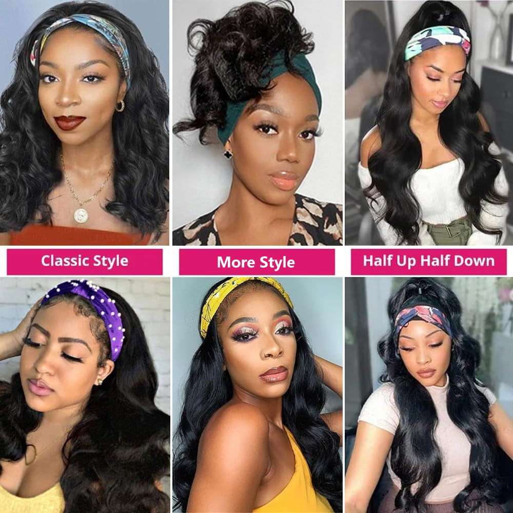 Headband Wig Human Hair Body Wave Headband Wigs for Black Women 12 Inch None Lace Front Wig Human Hair Wear and Go Glueless Wigs Machine Made Brazilian Virgin Human Hair Headband Wigs Natural Color
