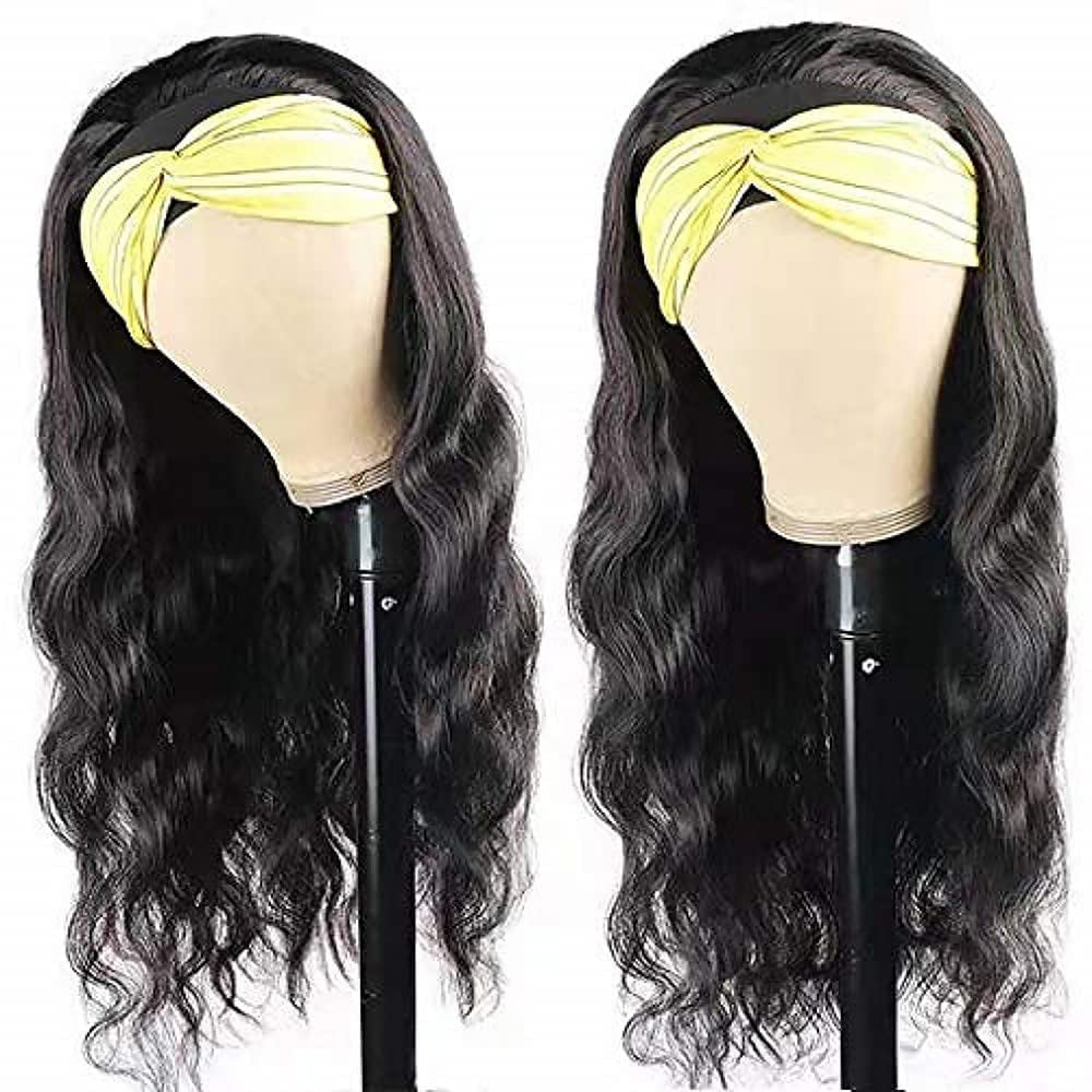 Headband Wig Human Hair Body Wave Headband Wigs for Black Women 12 Inch None Lace Front Wig Human Hair Wear and Go Glueless Wigs Machine Made Brazilian Virgin Human Hair Headband Wigs Natural Color